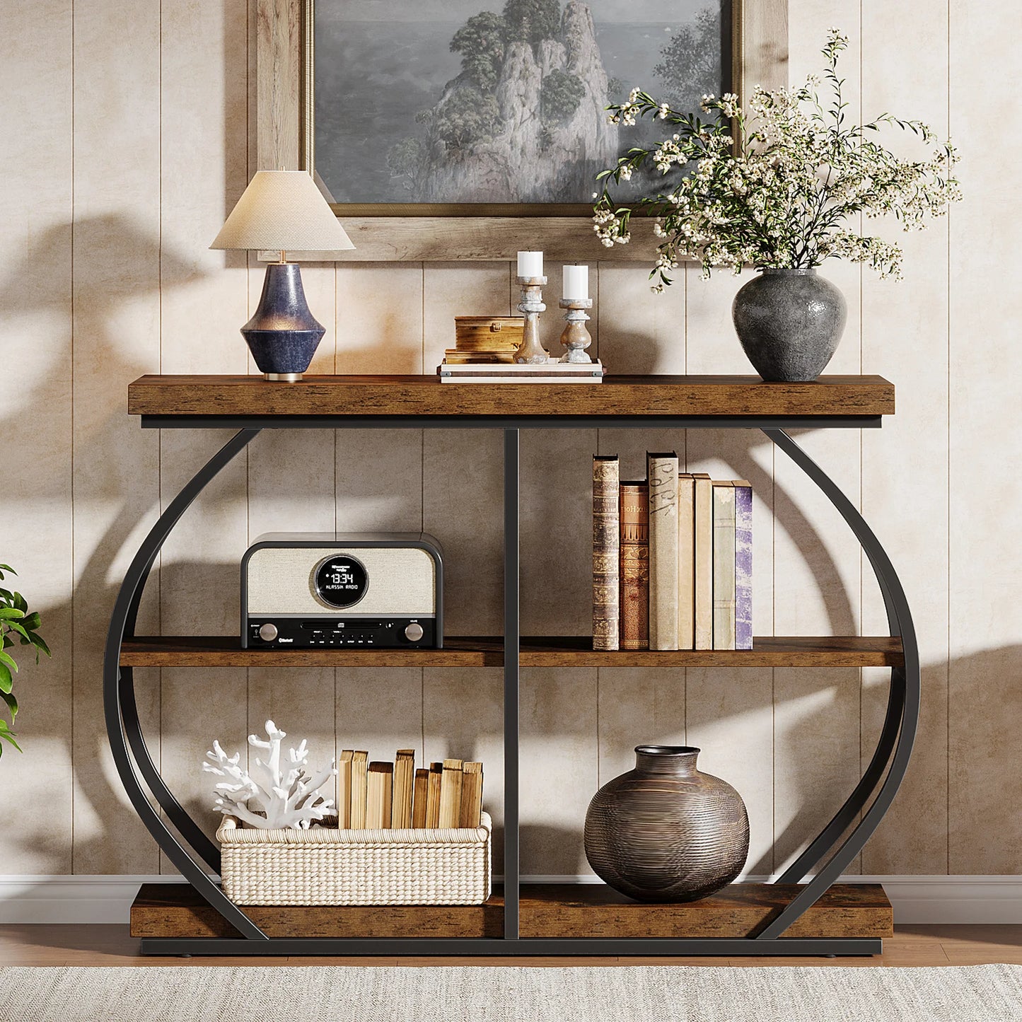 Industrial 3-Tier Console Table with Arched Metal Frame