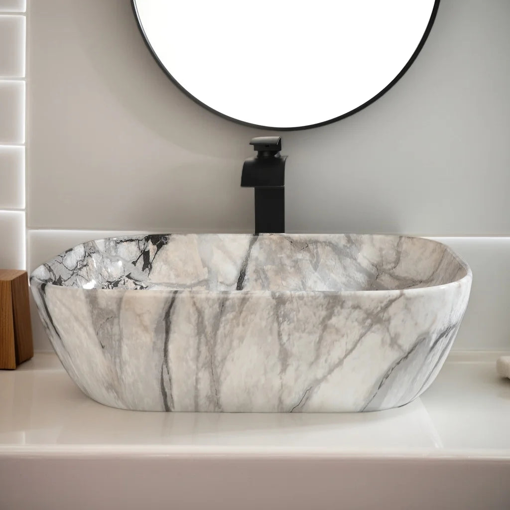 Marble Pattern Ceramic Bathroom Vessel Sink with Faucet