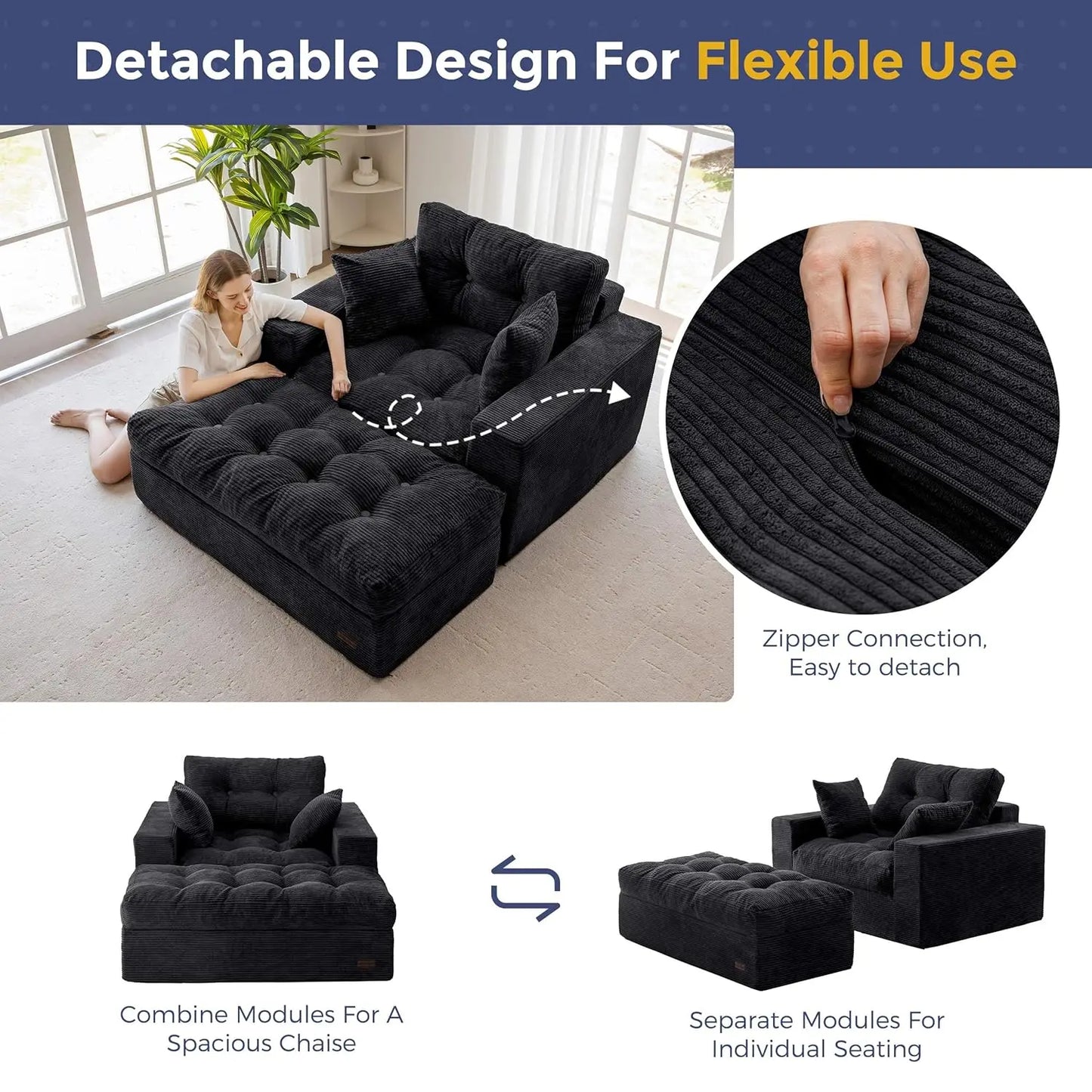 Oversized Boneless Chaise Lounge with 3 Pillows and Ottoman