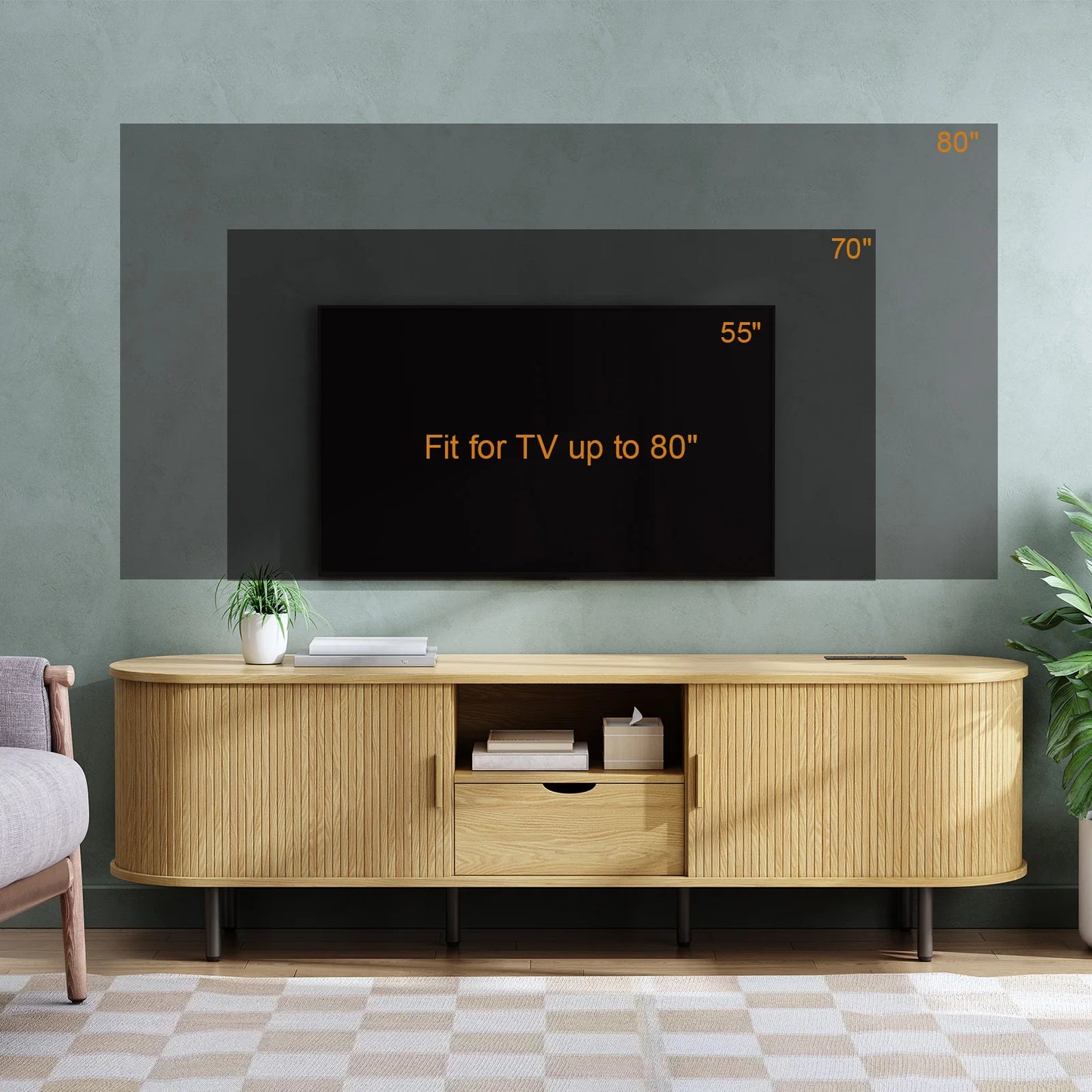 Modern TV Stand with Power Outlet & Sliding Door Storage