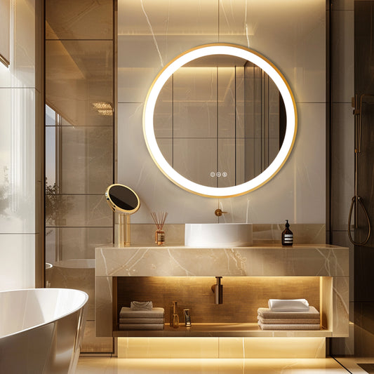 Gold-Framed Round Lighted Bathroom Mirror
