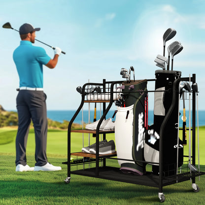 Multifunctional Metal Storage Shelf, Sports Equipment Organizer with Wheels