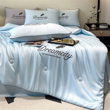 Oversized Ice Silk Summer Blanket | Cooling Lightweight Embroidered Quilt