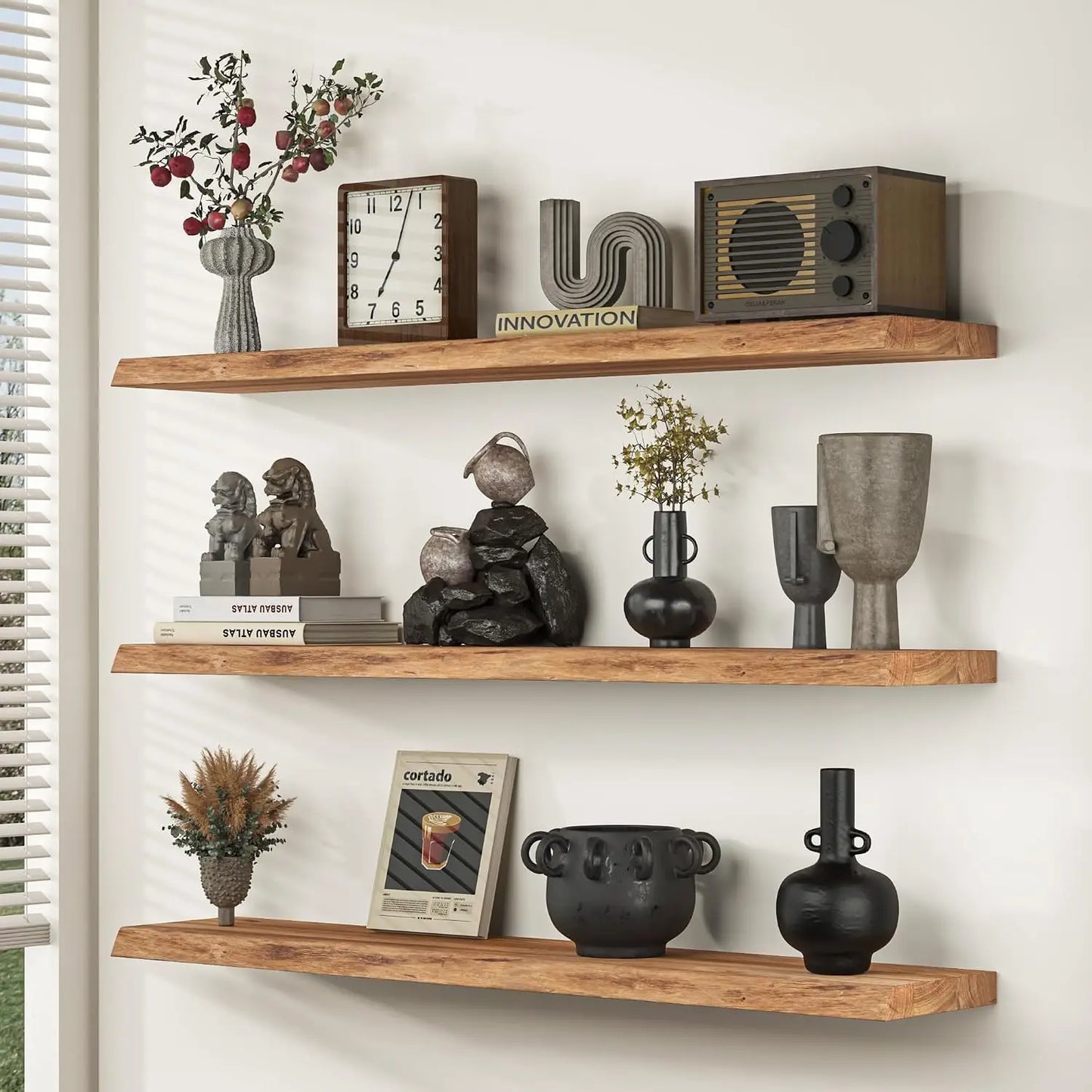 Live-Edge Solid Elm Wood Floating Shelves