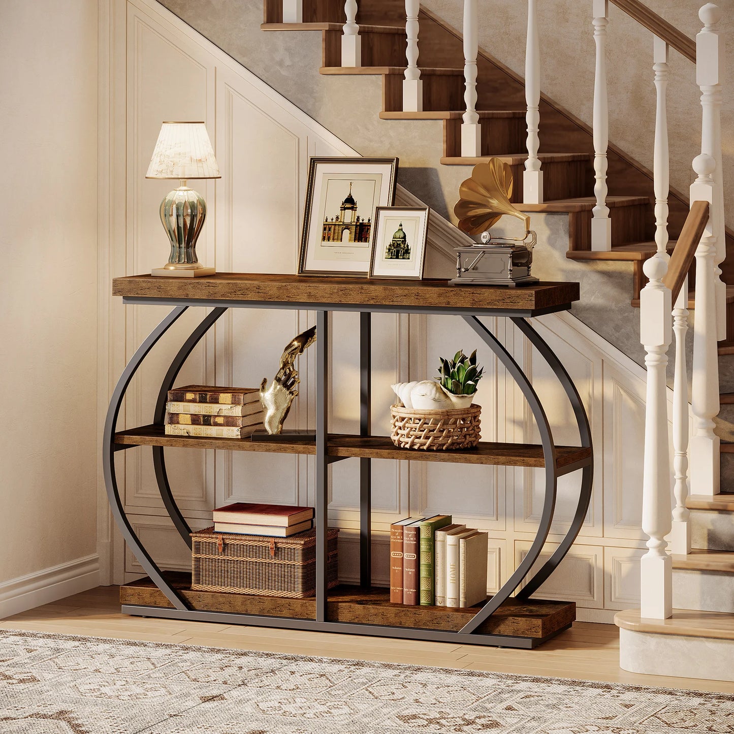 Industrial 3-Tier Console Table with Arched Metal Frame