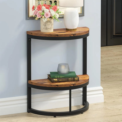 2-Tier Wood Accent Table with Open Shelving, Semi Circle Design