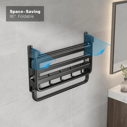 24-Inch Foldable Bathroom Towel Rack with Shelf, Dual Bars & 7 Hooks
