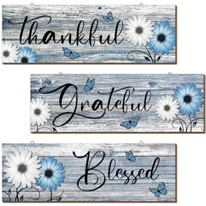 Thankful Grateful Blessed Wooden Wall Signs | 3-Piece Rustic Farmhouse Daisy Décor