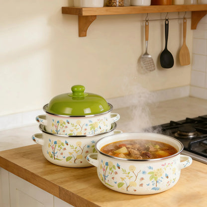 3-Piece Vintage Enamel Cooking Pot Set with Lids | Retro Floral Stock Pots