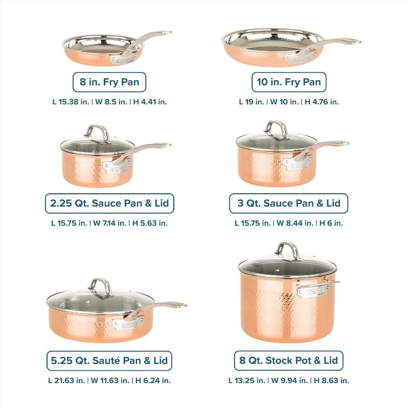 10 Piece Copper Kitchen Cookware Set with Glass Lids