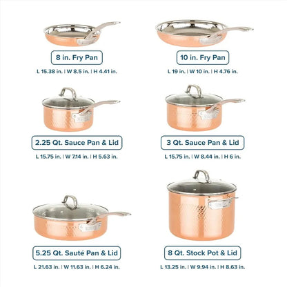 10 Piece Copper Kitchen Cookware Set with Glass Lids