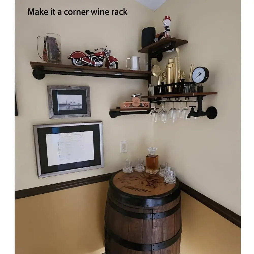 Wall Mounted Rustic Style Floating Shelves with Wine Glass Holders