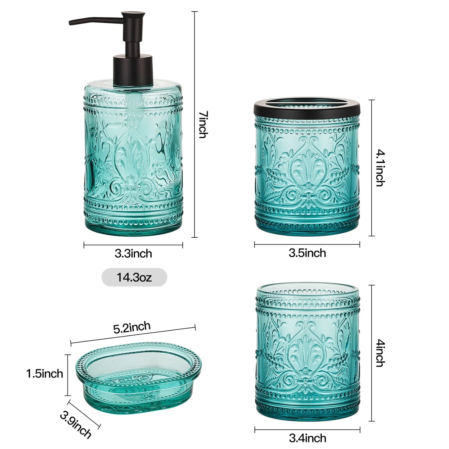 4-Piece Pressed Glass Bathroom Accessory Set | Soap Dispenser, Tumbler & Soap Dish