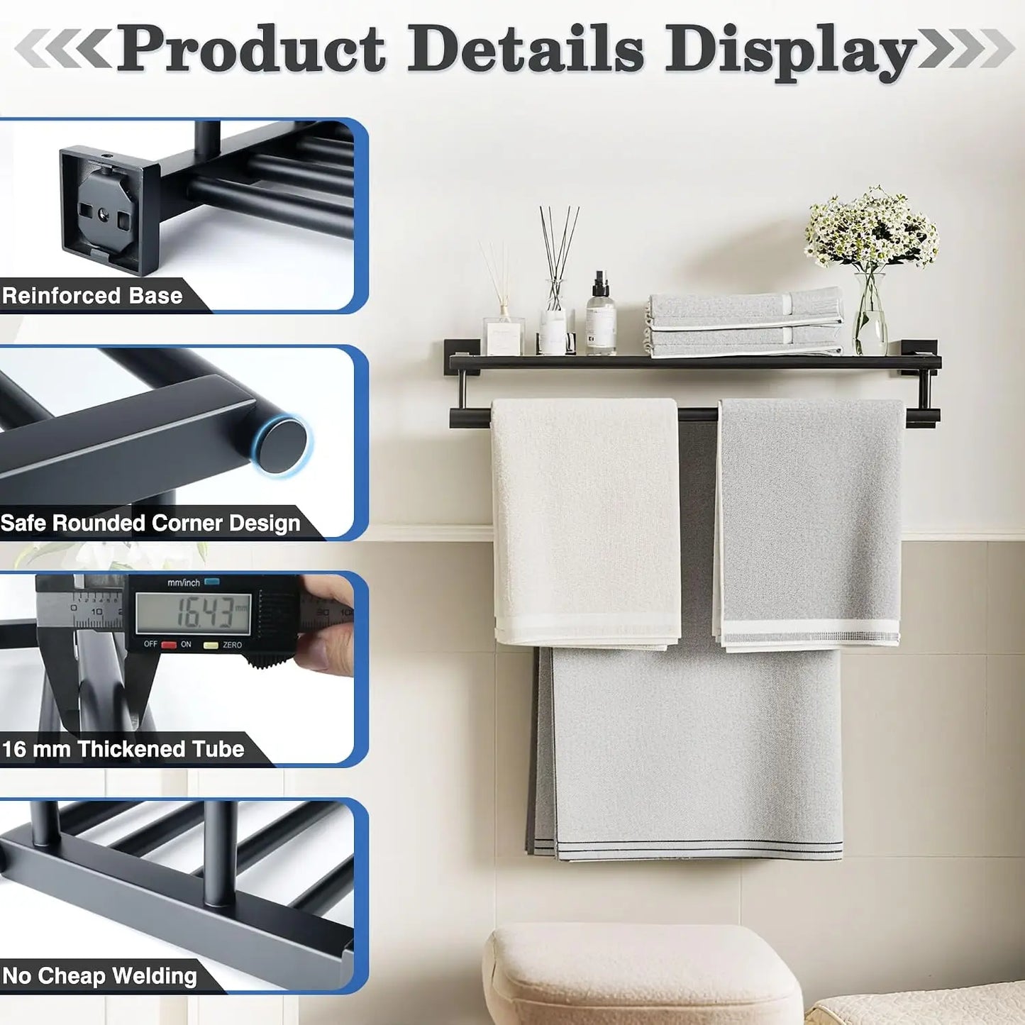 24-Inch Double Towel Rack with Shelf | Matte Black Bathroom Towel Holder