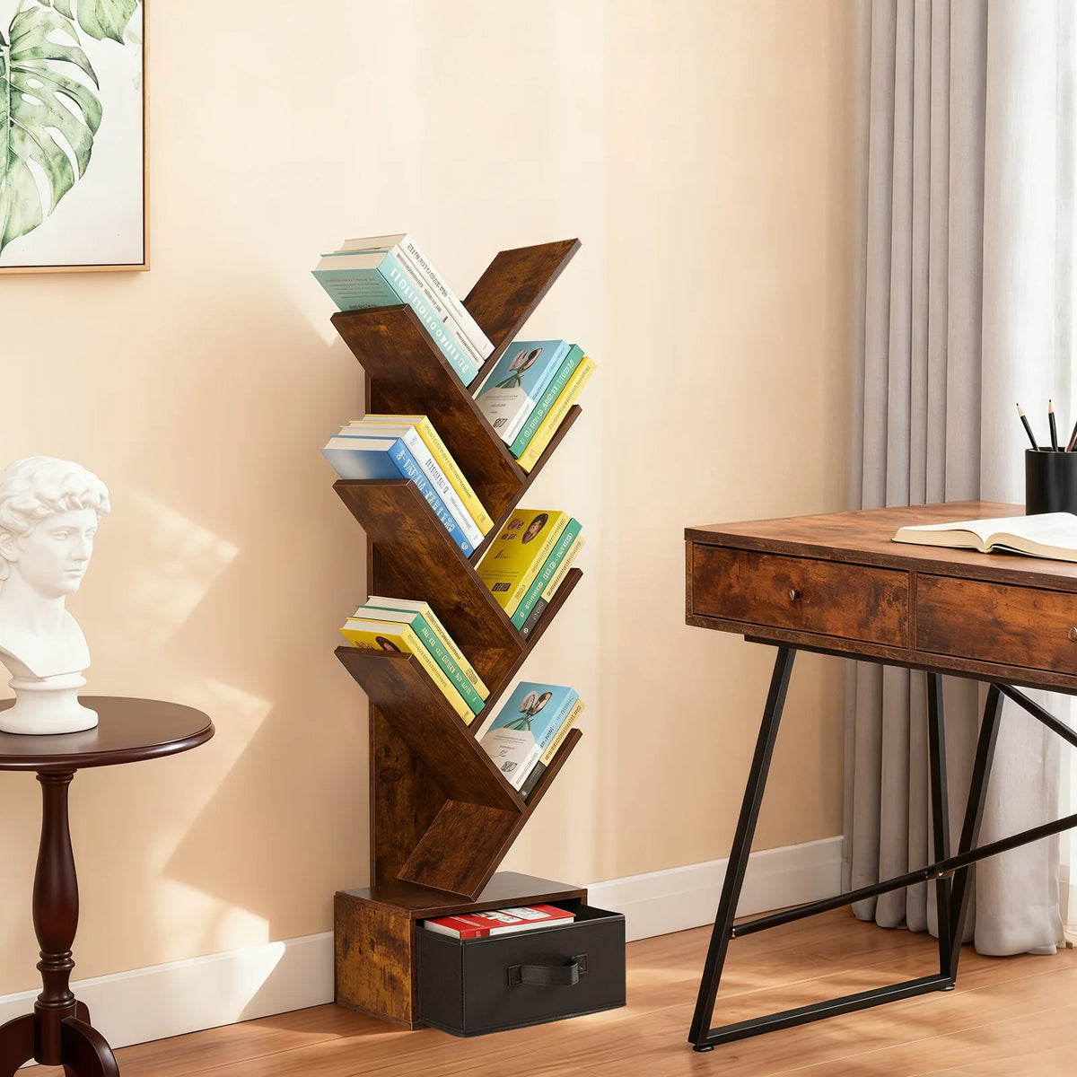 Creative 7-Tier Tree Bookshelf with Drawer | Narrow Geometric Bookcase