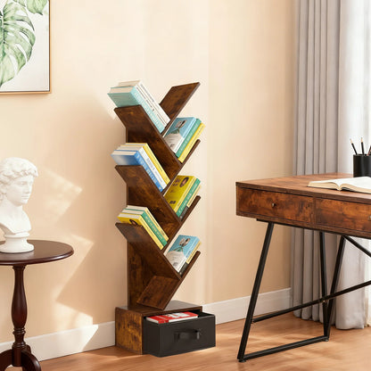 Creative 7-Tier Tree Bookshelf with Drawer | Narrow Geometric Bookcase