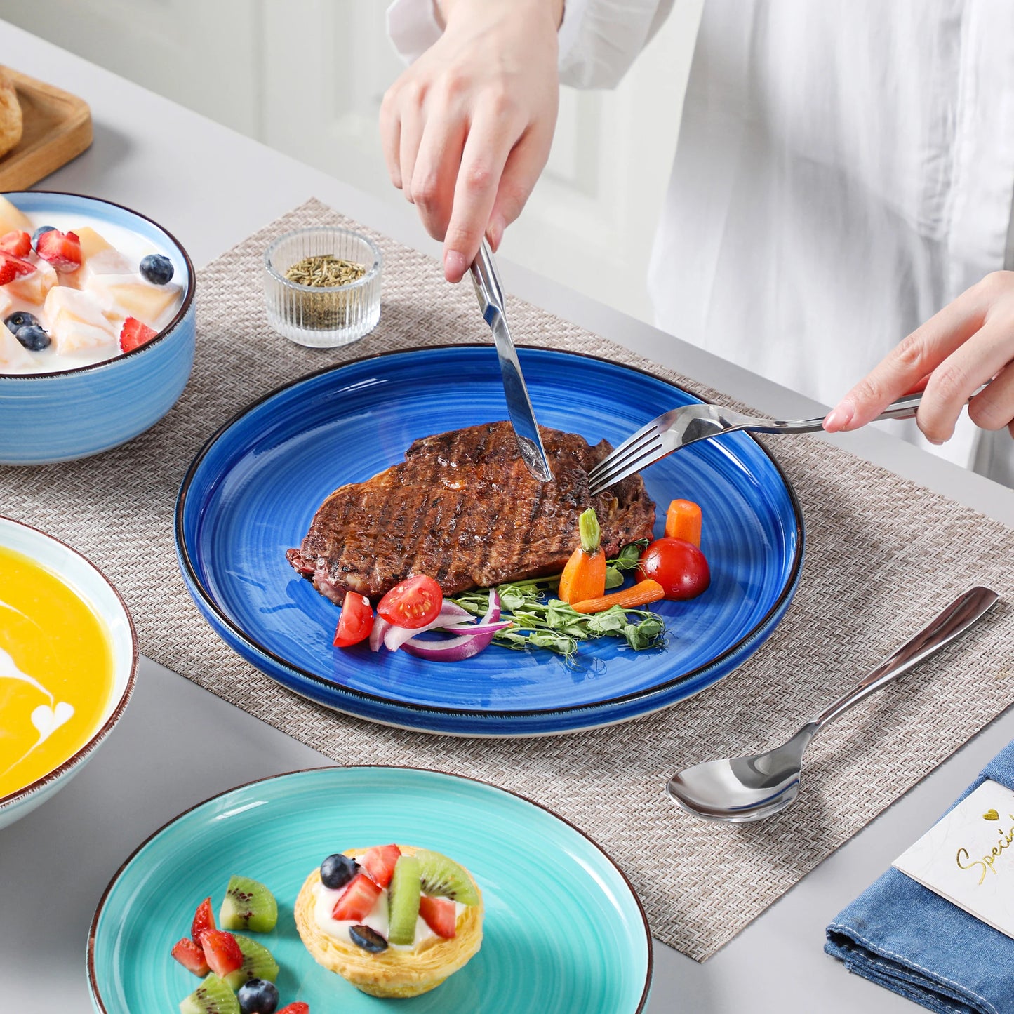 Hand-Painted Ceramic Dinnerware Set | Bonita Blue Swirl Stoneware Collection