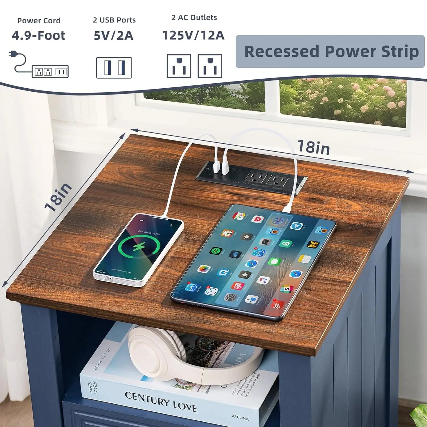 Farmhouse Style Night Stands, Set of 2, with Charging Stations