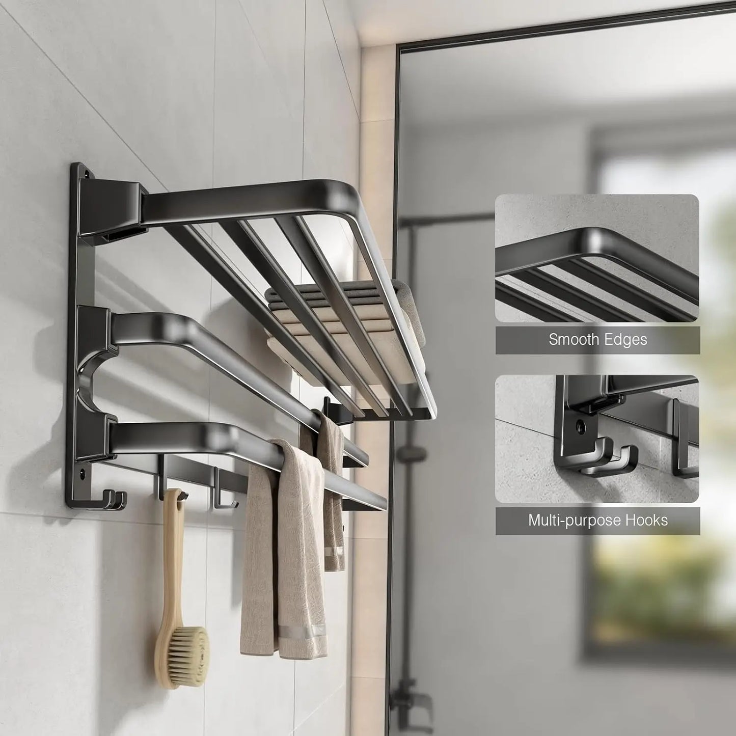 24-Inch Foldable Bathroom Towel Rack with Shelf, Dual Bars & 7 Hooks