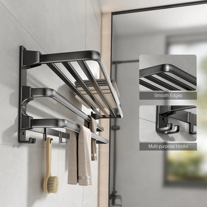 24-Inch Foldable Bathroom Towel Rack with Shelf, Dual Bars & 7 Hooks
