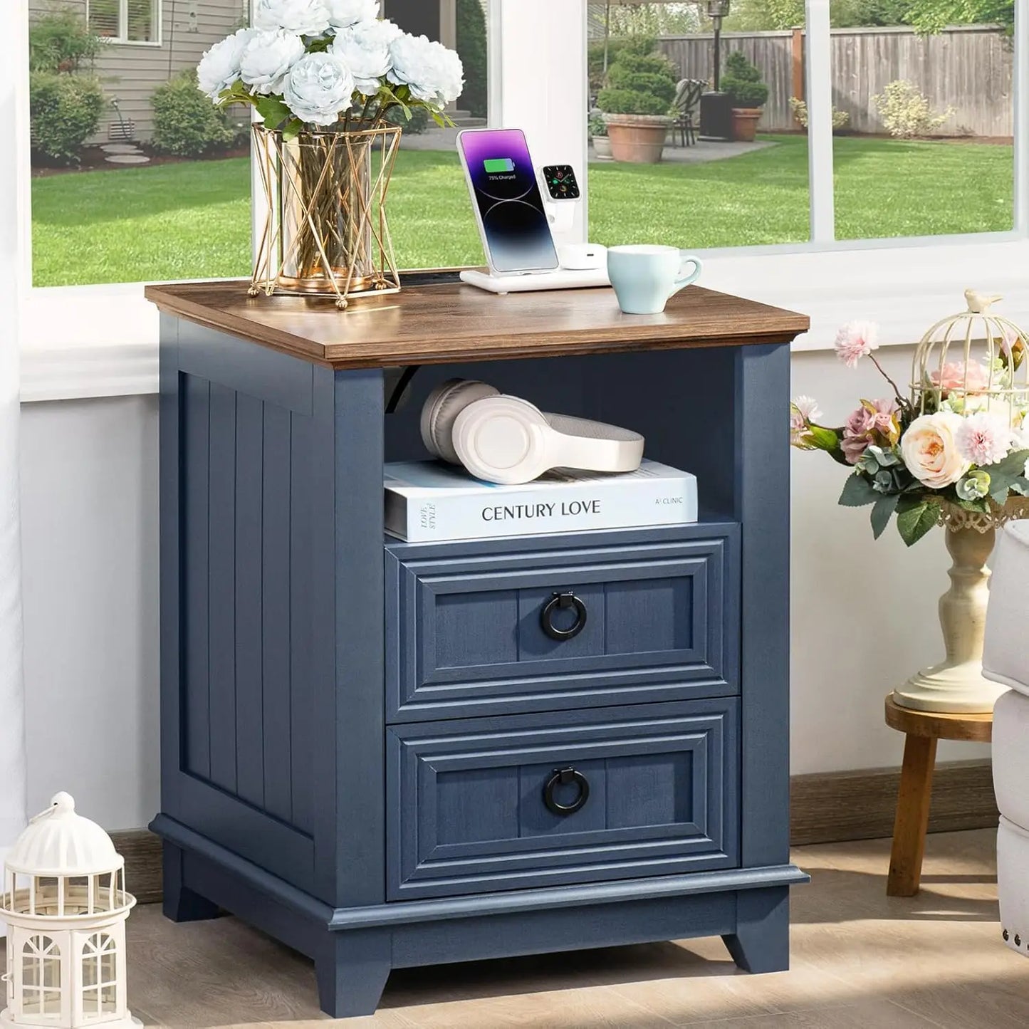 Farmhouse Style Night Stands, Set of 2, with Charging Stations