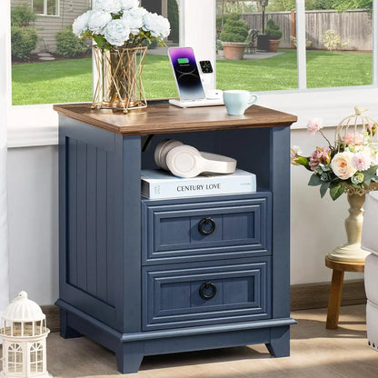 Farmhouse Style Night Stands, Set of 2, with Charging Stations