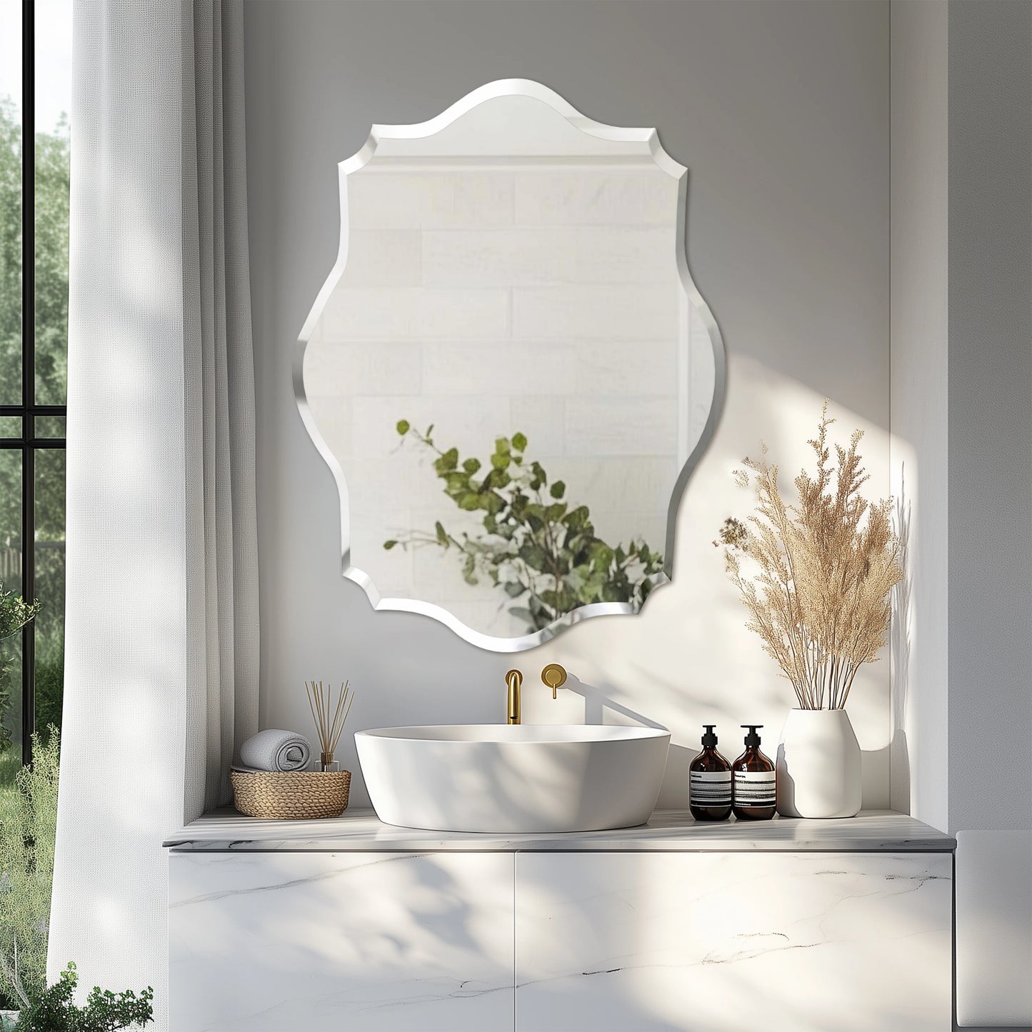 Scalloped Frameless Wall Mirror with Beveled Edge | Modern Irregular Vanity Mirror