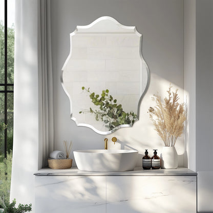 Scalloped Frameless Wall Mirror with Beveled Edge | Modern Irregular Vanity Mirror