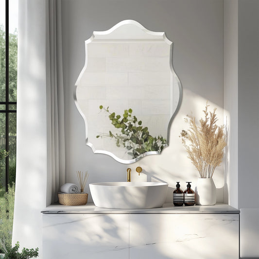 Scalloped Frameless Wall Mirror with Beveled Edge | Modern Irregular Vanity Mirror