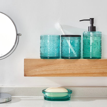 4-Piece Pressed Glass Bathroom Accessory Set | Soap Dispenser, Tumbler & Soap Dish