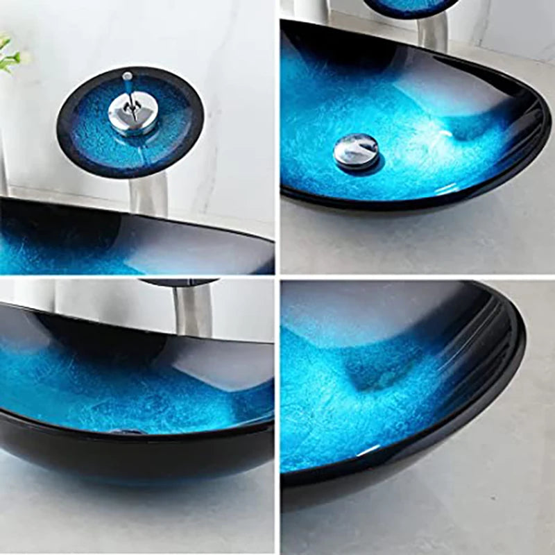 Tempered Glass Vessel Sink with Waterfall Black Faucet