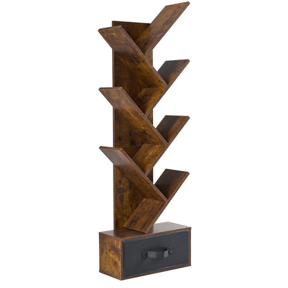 Creative 7-Tier Tree Bookshelf with Drawer | Narrow Geometric Bookcase