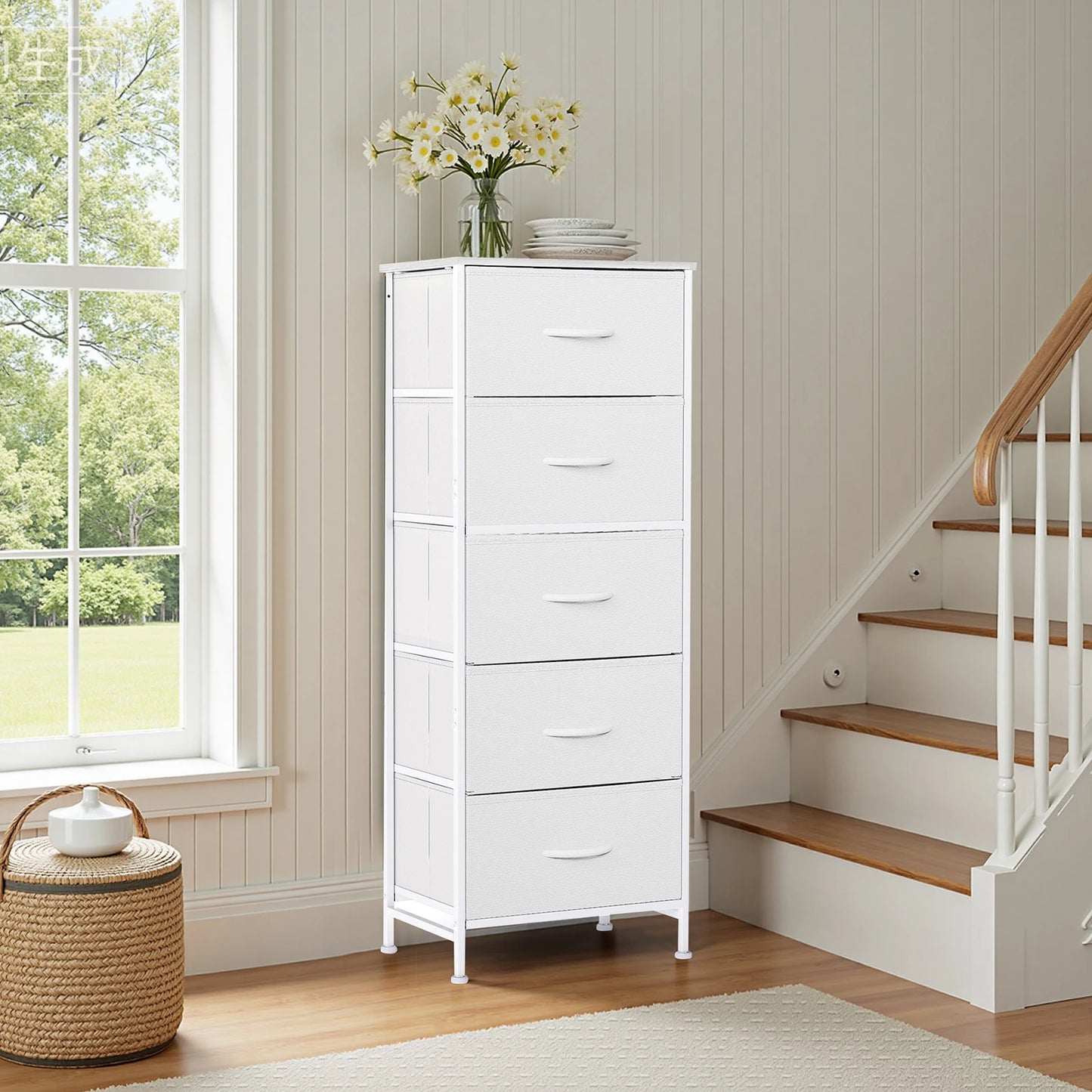 Lightweight Wardrobe with Fabric Drawers, Steel Frame and Solid Wood Top