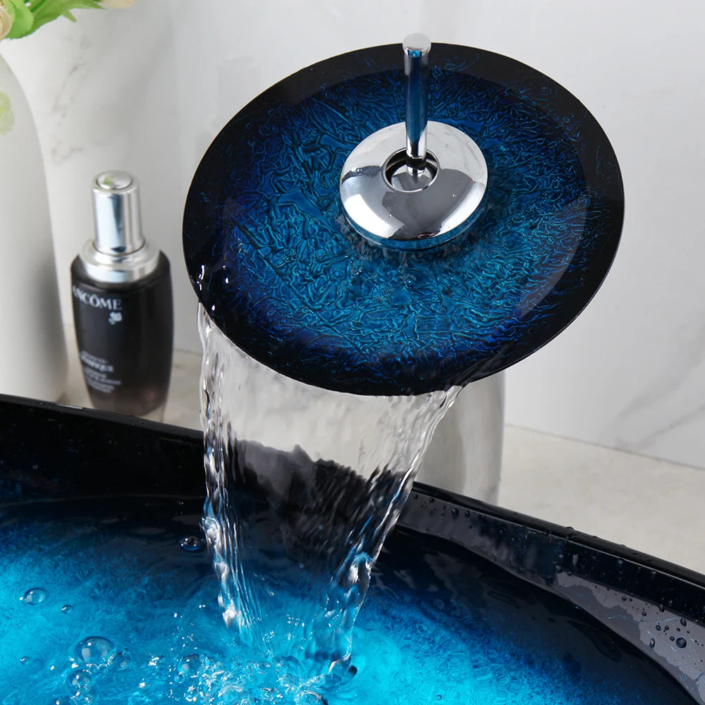 Tempered Glass Vessel Sink with Waterfall Black Faucet