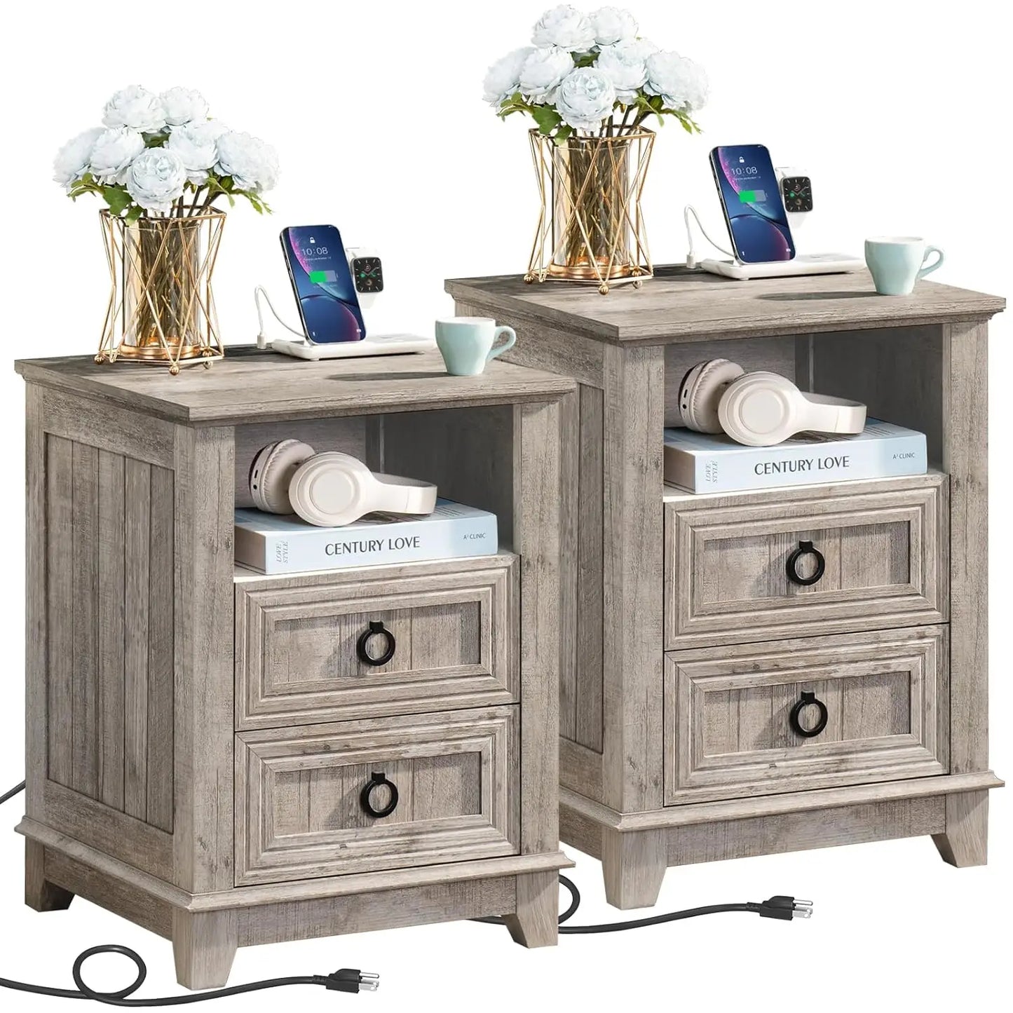 Farmhouse Style Night Stands, Set of 2, with Charging Stations