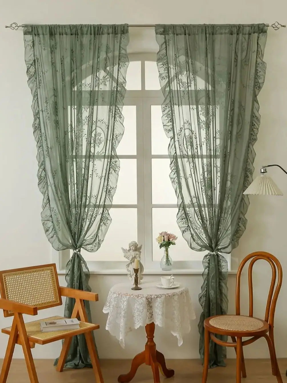 Green Boho Lace Sheer Curtain 84 Inch | Vintage Floral Scalloped Window Panel