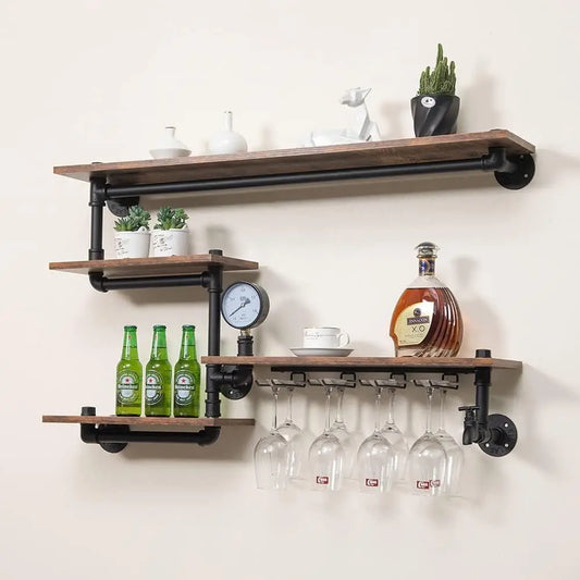 Wall Mounted Rustic Style Floating Shelves with Wine Glass Holders