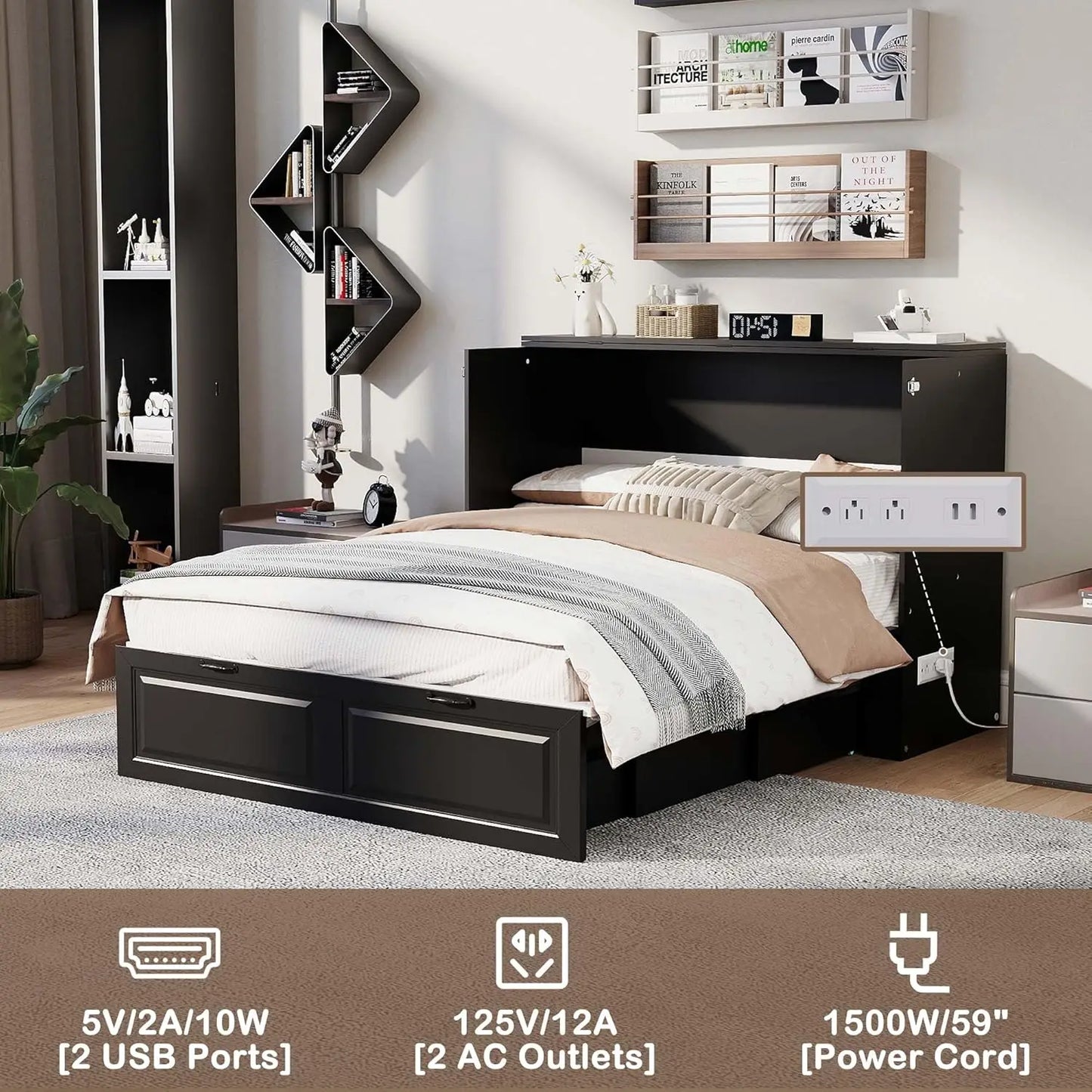 Full-Size Murphy Bed, Cabinet with Storage Plus USB Charging