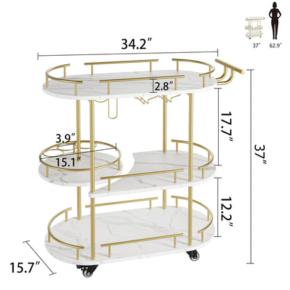Luxury Bar Cart with Marble Shelves, Wine Rack & Glass Holder