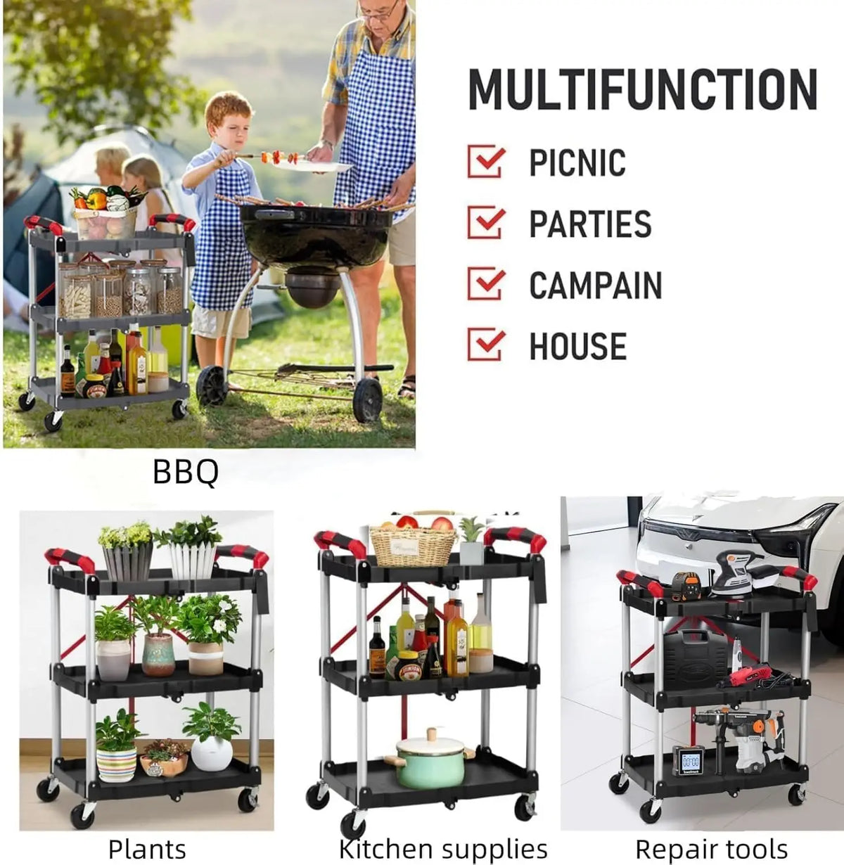3-Tier Foldable Utility Cart | 167 lb Capacity Rolling Storage