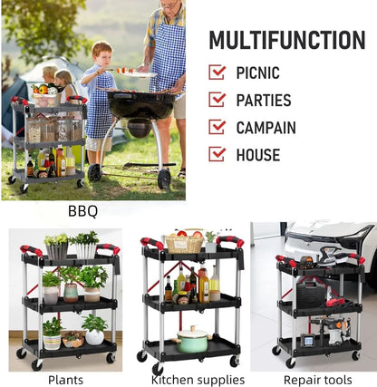 3-Tier Foldable Utility Cart | 167 lb Capacity Rolling Storage