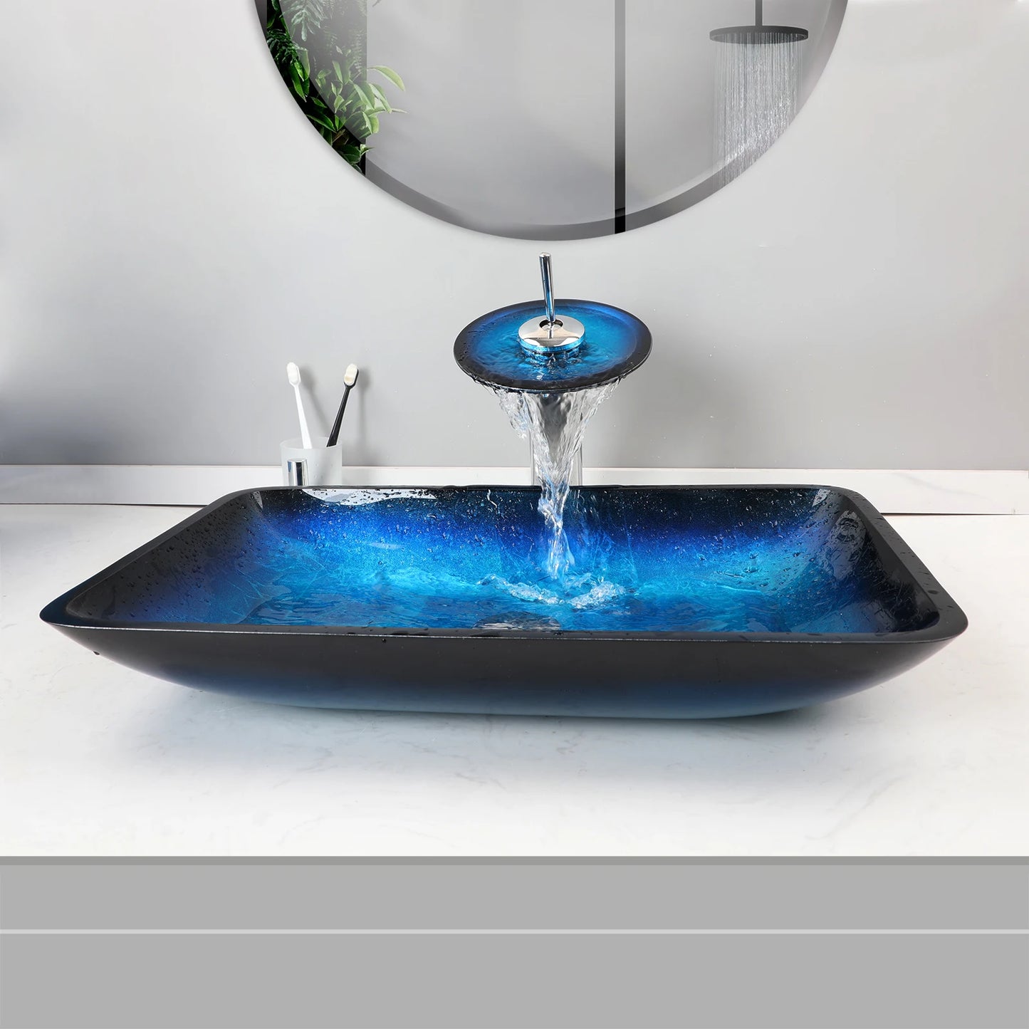 Tempered Glass Vessel Sink with Waterfall Black Faucet