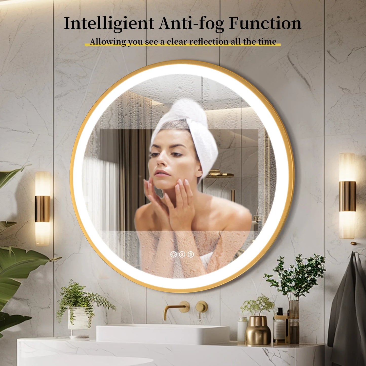 Gold-Framed Round Lighted Bathroom Mirror