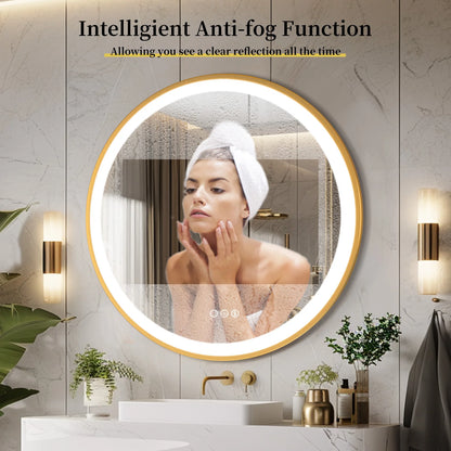 Gold-Framed Round Lighted Bathroom Mirror