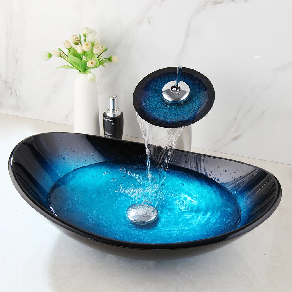 Tempered Glass Vessel Sink with Waterfall Black Faucet