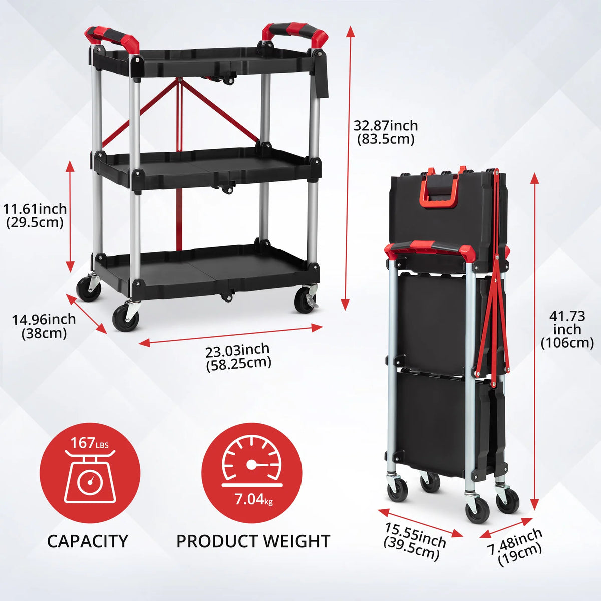3-Tier Foldable Utility Cart | 167 lb Capacity Rolling Storage