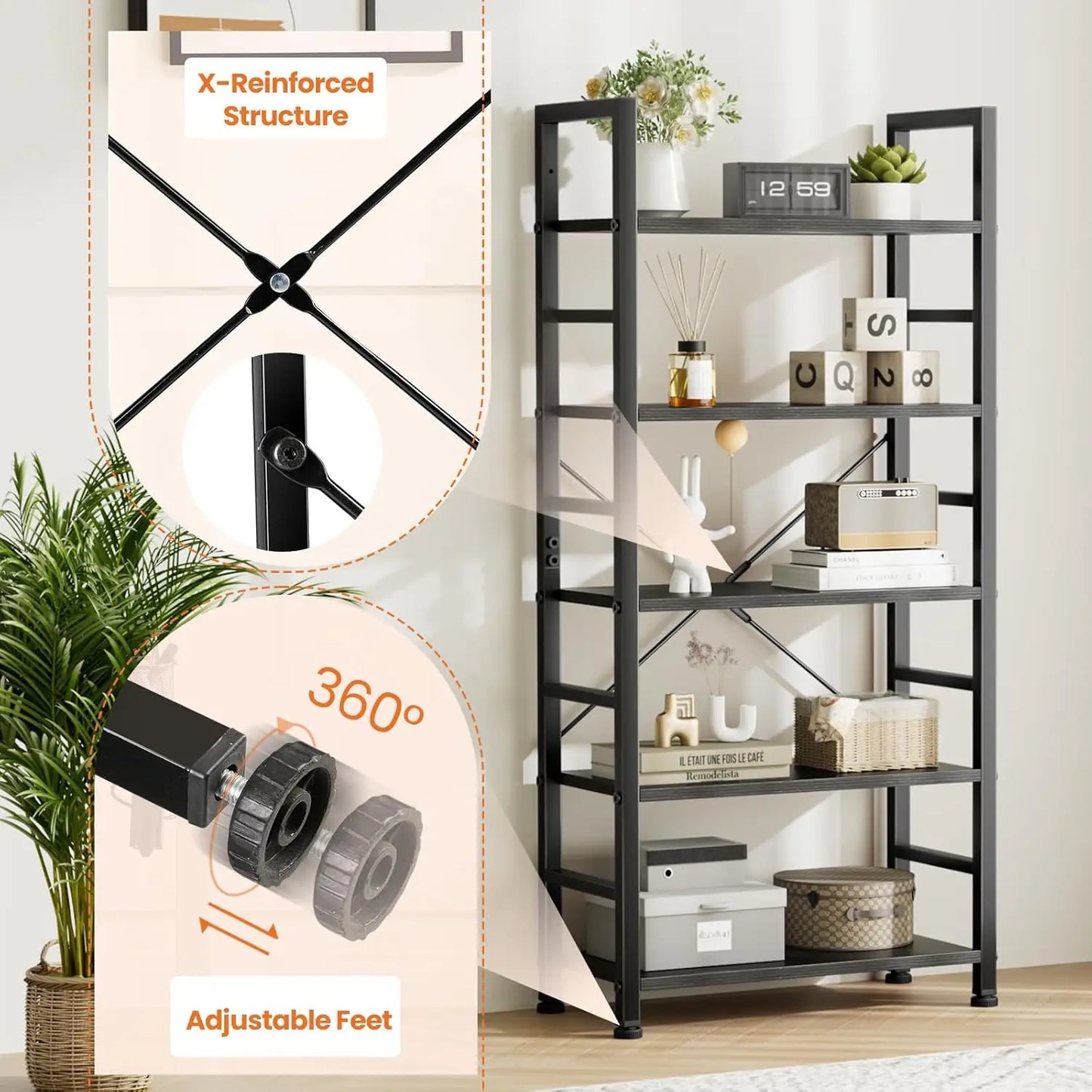 5-Tier Modern Bookshelf with Industrial Black Metal Frame
