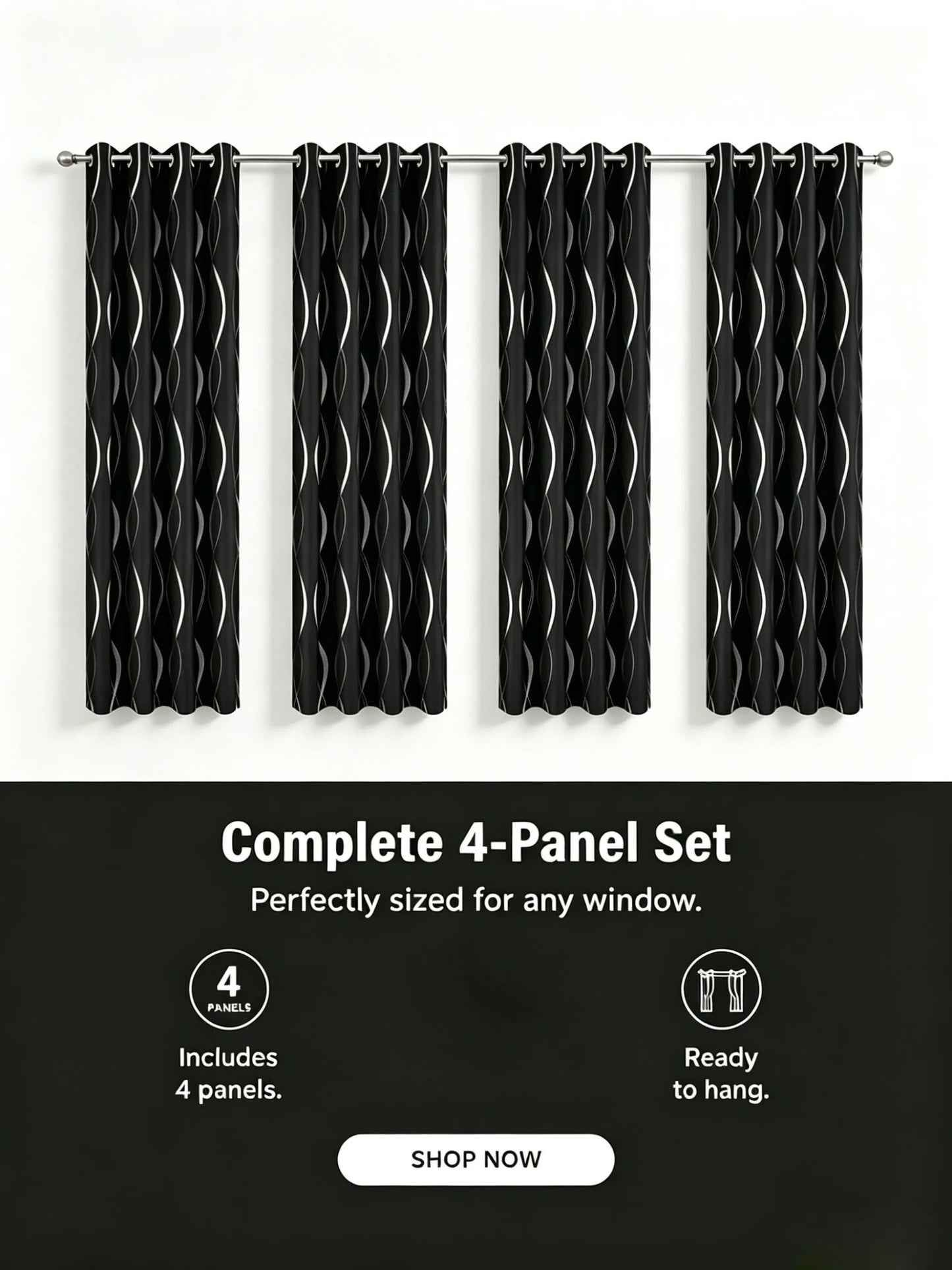 4-Panel Blackout Curtains with Silver Wave Foil Print | Thermal Insulated Drapes