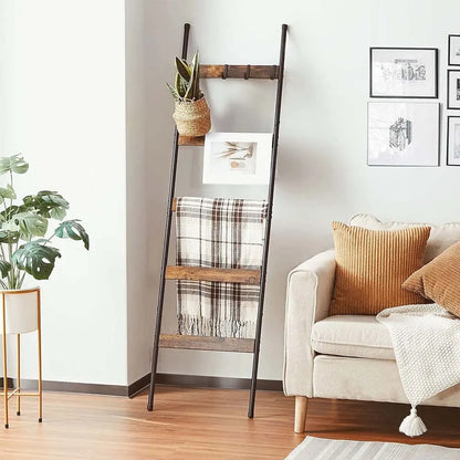 5-Tier Farmhouse Blanket Ladder with 10 Hooks | Leaning Towel & Blanket Rack
