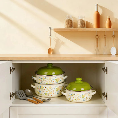 3-Piece Vintage Enamel Cooking Pot Set with Lids | Retro Floral Stock Pots